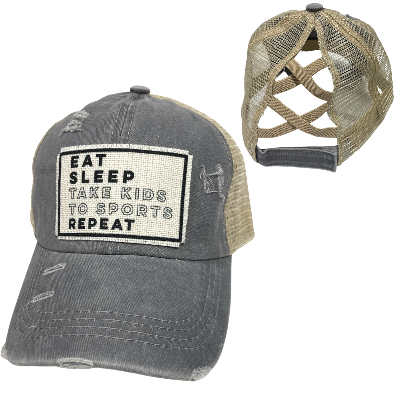 EAT SLEEP TAKE KIDS TO SPORTS CRISS-CROSS PONYTAIL HAT: Black with black mess