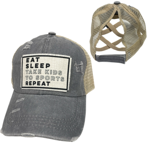 EAT SLEEP TAKE KIDS TO SPORTS CRISS-CROSS PONYTAIL HAT: Black with black mess