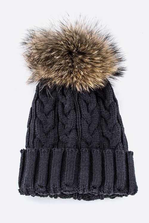 Raccoon Fur PomPom Cable Knit Beanie