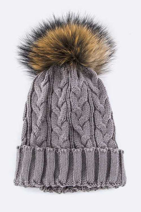 Raccoon Fur PomPom Cable Knit Beanie