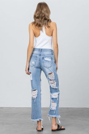 Heavy Destroyed Frayed Hem Straight Jeans