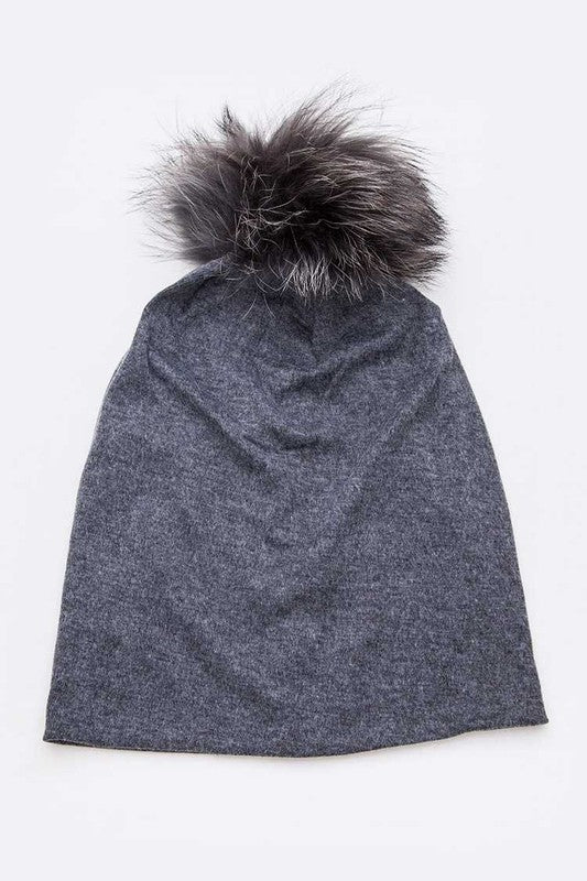 Oversize Raccoon Fur Pom Cotton Slouchy Beanie