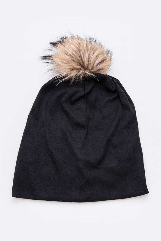 Oversize Raccoon Fur Pom Cotton Slouchy Beanie