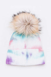 Raccoon Fur Pom Tie Dyed Cotton Blend Beanie