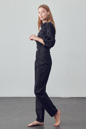 High Waist Flap Pocket Half Button Denim Jumpsuit