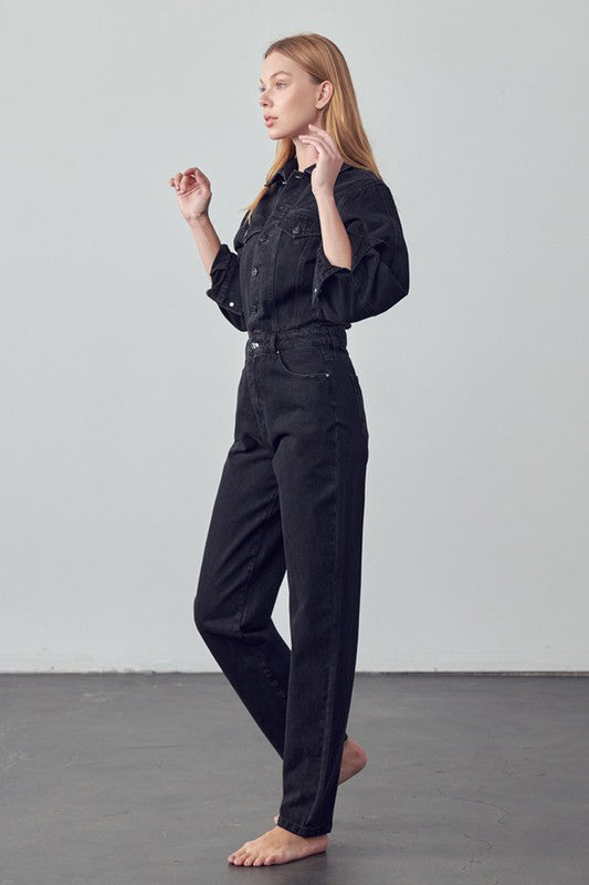 High Waist Flap Pocket Half Button Denim Jumpsuit