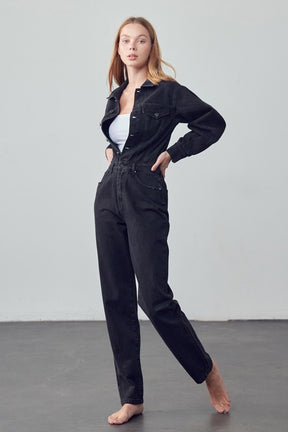 High Waist Flap Pocket Half Button Denim Jumpsuit