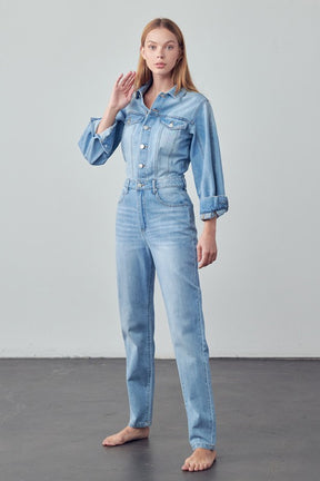 High Waist Flap Pocket Half Button Denim Jumpsuit