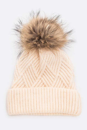 Raised Knit Large Fur Pom Beanie