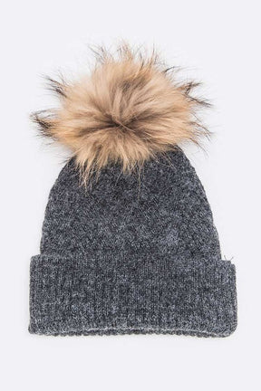 Raised Knit Large Fur Pom Beanie