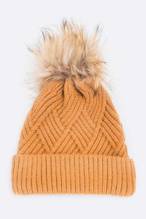 Raised Knit Large Fur Pom Beanie