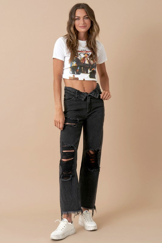 Frayed Flip Waist Straight Jeans