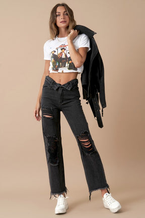 Frayed Flip Waist Straight Jeans