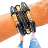 Black Acrylic Tube Bamboo Bracelet: Large-Black-Gold Discs