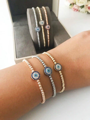 Adjustable Evil Eye Bracelet, Rose Gold Silver Beaded Bracel: Rose Gold