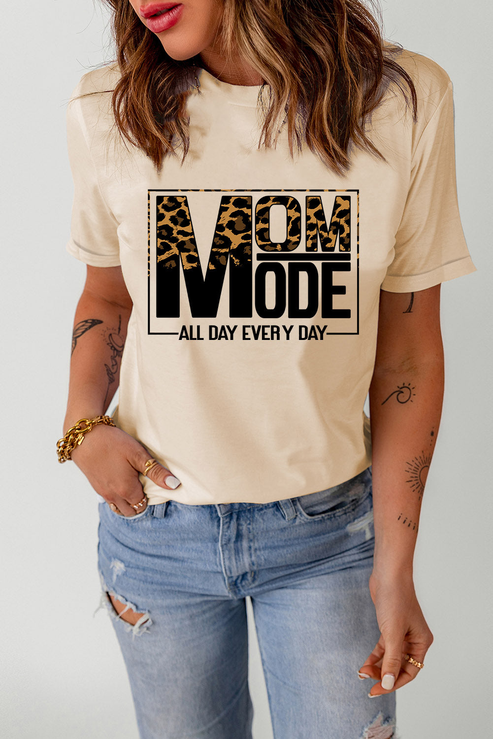 Mom Mode Letter Graphic Cuffed Round Neck Tee Shirt