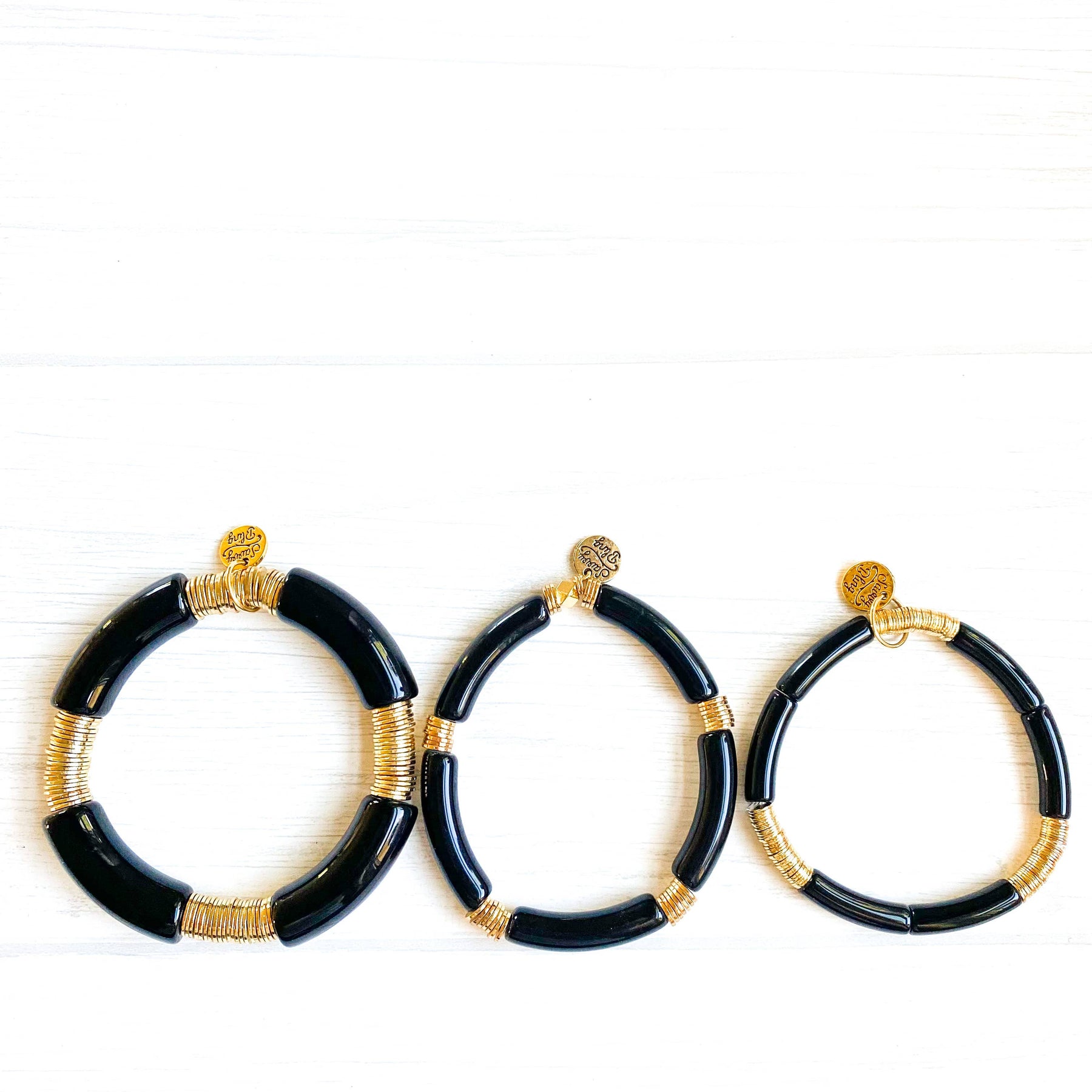 Black Acrylic Tube Bamboo Bracelet: Large-Black-Gold Discs