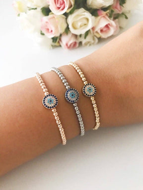 Adjustable Evil Eye Bracelet, Rose Gold Silver Beaded Bracel: Gold