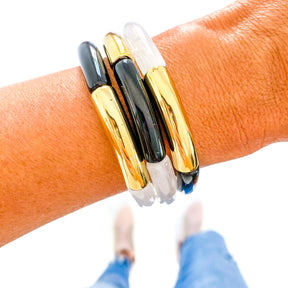 Black Acrylic Tube Bamboo Bracelet: Large-Black-Gold Discs