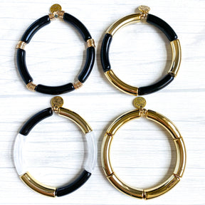 Black Acrylic Tube Bamboo Bracelet: Large-Black-Gold Discs