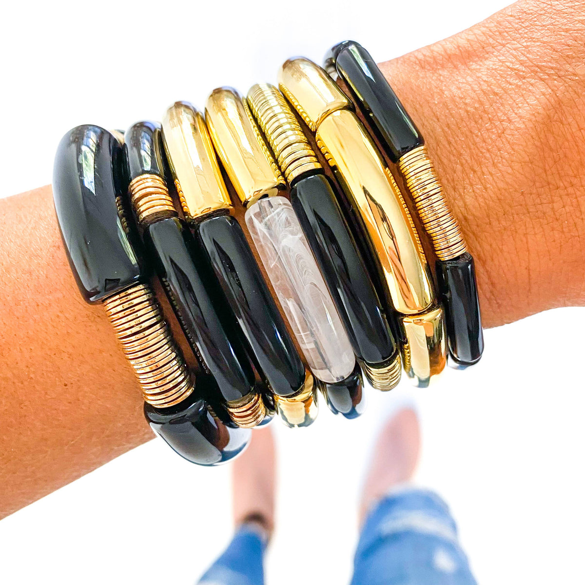 Black Acrylic Tube Bamboo Bracelet: Large-Black-Gold Discs