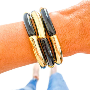 Black Acrylic Tube Bamboo Bracelet: Large-Black-Gold Discs