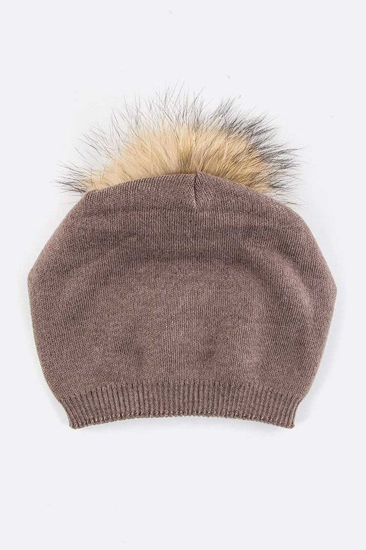 Raccoon Fur PomPom Pre-Sewed Slouchy Beanie