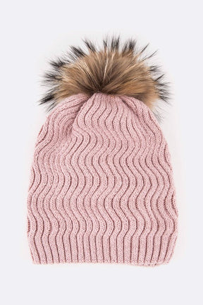 Raccoon Fur PomPom Chevron Knit Beanie