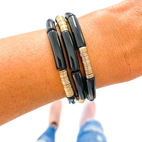 Black Acrylic Tube Bamboo Bracelet: Large-Black-Gold Discs