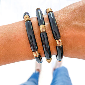 Black Acrylic Tube Bamboo Bracelet: Large-Black-Gold Discs