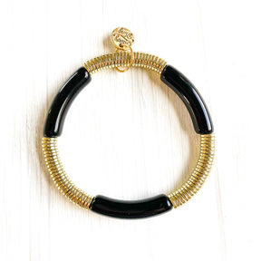 Black Acrylic Tube Bamboo Bracelet: Large-Black-Gold Discs