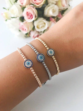 Adjustable Evil Eye Bracelet, Rose Gold Silver Beaded Bracel: Gold