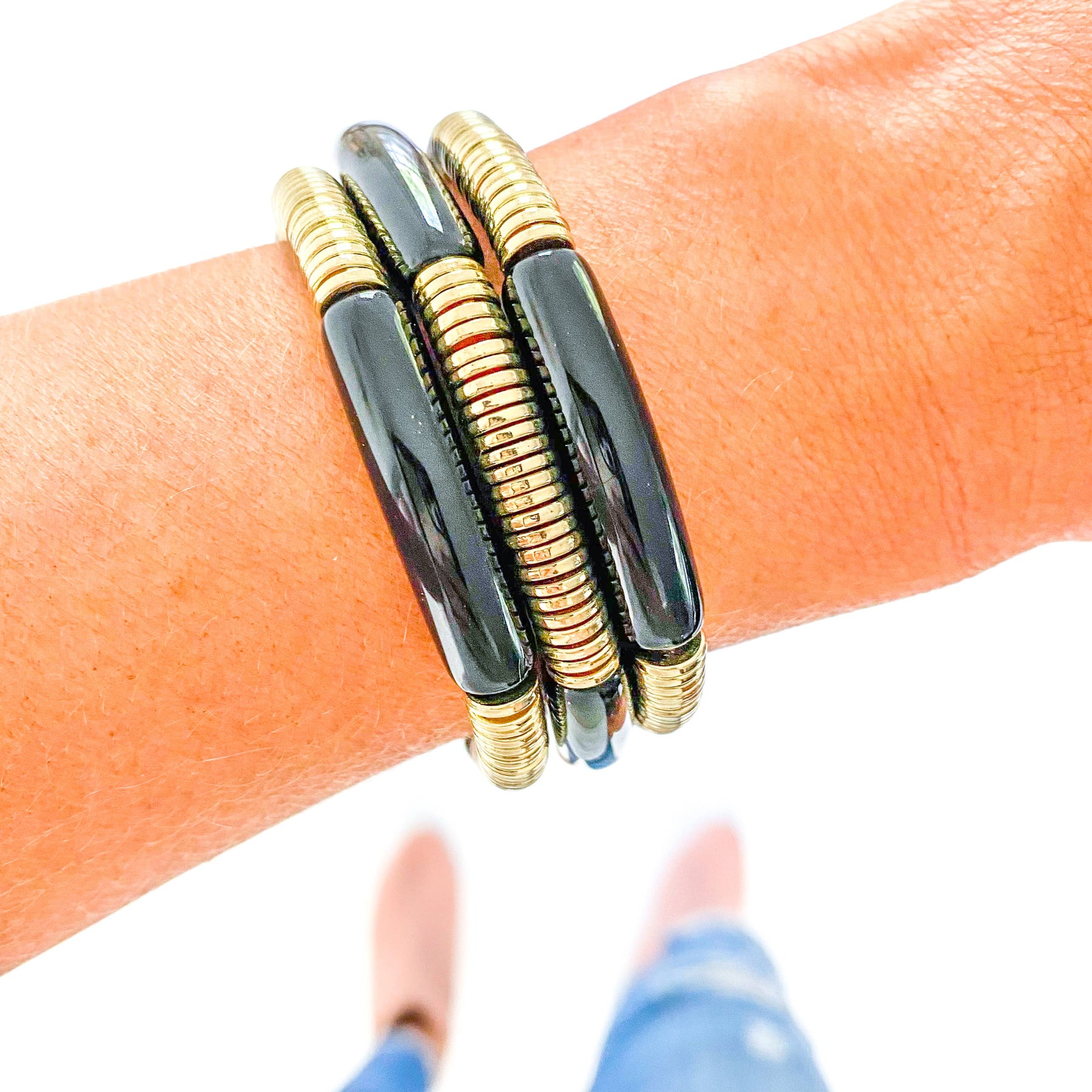 Black Acrylic Tube Bamboo Bracelet: Large-Black-Gold Discs