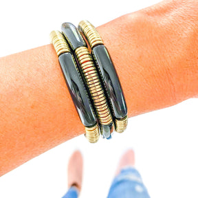 Black Acrylic Tube Bamboo Bracelet: Large-Black-Gold Discs