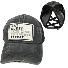 EAT SLEEP TAKE KIDS TO SPORTS CRISS-CROSS PONYTAIL HAT: Black with black mess