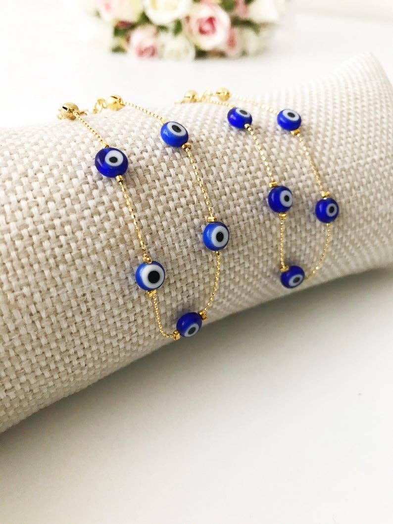 Blue Evil Eye Bracelet, Gold Chain Bracelet, Evil Eye Jewelry, Dainty Bracelet