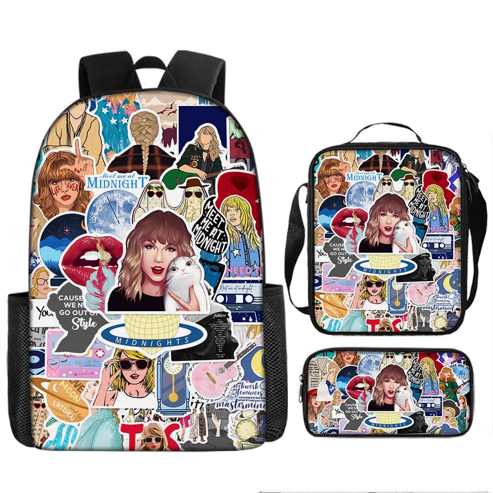 Taylor Swift pattern printed backpack swiftie 3pcs bag set: A